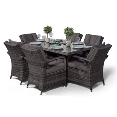 Arizona Rattan Dining Set | Luxury Rectangle 6 Seater Grey Rattan Table & Chairs Set with Ice Bucket Drinks Cooler | Outdoor Poly Rattan Garden Dining Furniture Set with Parasol & Cover
