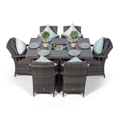 Arizona Rattan Dining Set | Luxury Rectangle 6 Seater Grey Rattan Table & Chairs Set with Ice Bucket Drinks Cooler | Outdoor Poly Rattan Garden Dining Furniture Set with Parasol & Cover