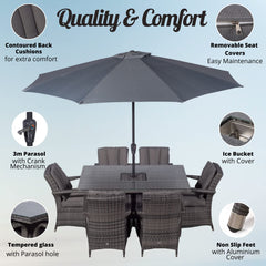 Arizona Rattan Dining Set | Luxury Rectangle 6 Seater Grey Rattan Table & Chairs Set with Ice Bucket Drinks Cooler | Outdoor Poly Rattan Garden Dining Furniture Set with Parasol & Cover