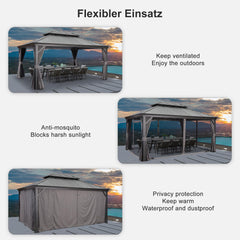 PURPLE LEAF Heavy Duty Garden Gazebo 3.65 x 4.85 m with Galvanised Steel Double Roof, Waterproof Metal Hardtop Gazebo with Side Curtain and Zipped Netting for All Weathers, Outdoor and Patio, Grey