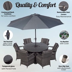 Arizona Luxury 6 Seater Grey Rattan Dining Set with Ice Bucket Drinks Cooler | Outdoor Poly Rattan Garden Table & Chairs Set with Parasol & Cover