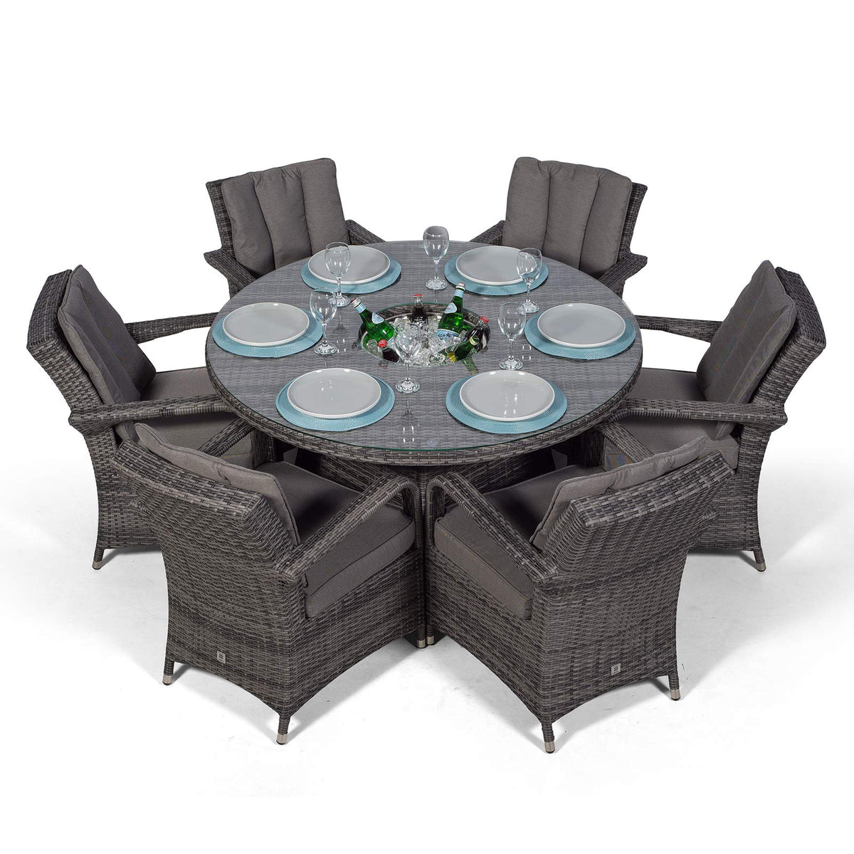 Arizona Luxury 6 Seater Grey Rattan Dining Set with Ice Bucket Drinks Cooler | Outdoor Poly Rattan Garden Table & Chairs Set with Parasol & Cover